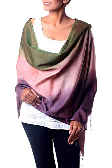 NOVICA Silk and Wool Blend Purple and Green Shawl, Natural Radiance'