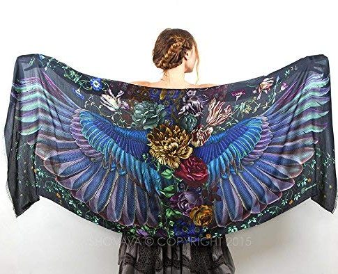 Hand Painted & Printed Pure Cotton Dark Bird Wings Scarf, Shawl, Romantic Gift Review