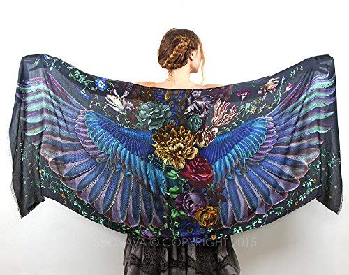 Hand Painted & Printed Pure Cotton Dark Bird Wings Scarf, Shawl, Romantic Gift