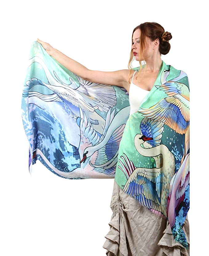 Delicately Hand Painted & Digitally Printed Pure Cotton Swans Bridal Shawl