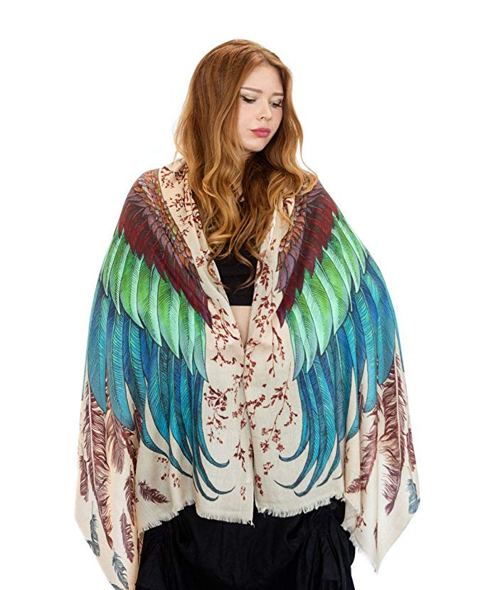 Hand Painted & Digitally Printed Pure Cotton Exotic Bird Wings Feathers Women's Scarf Shawl