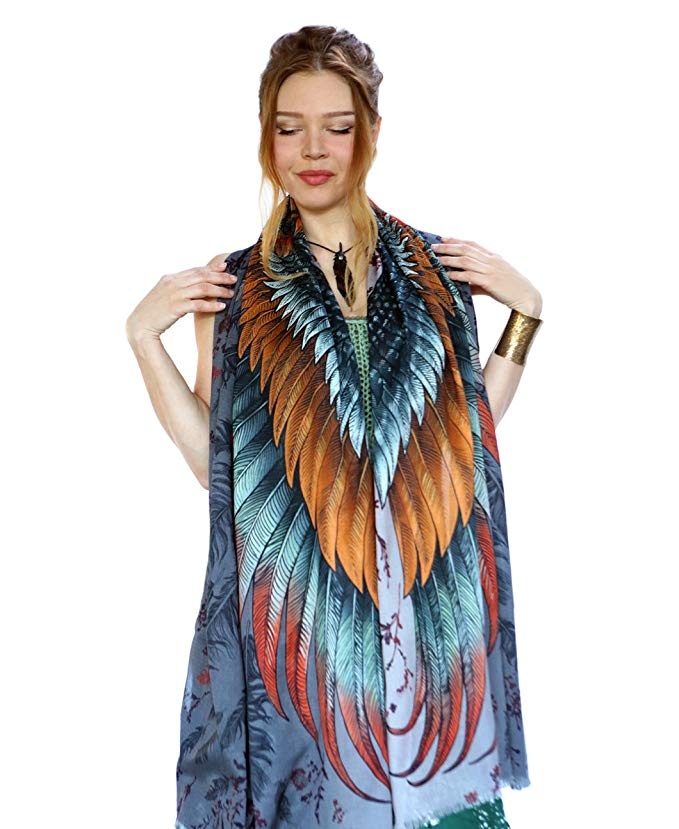 Hand Painted & Printed SPARK Fire Red & Copper Bird Feathers Women's Scarf Shawl