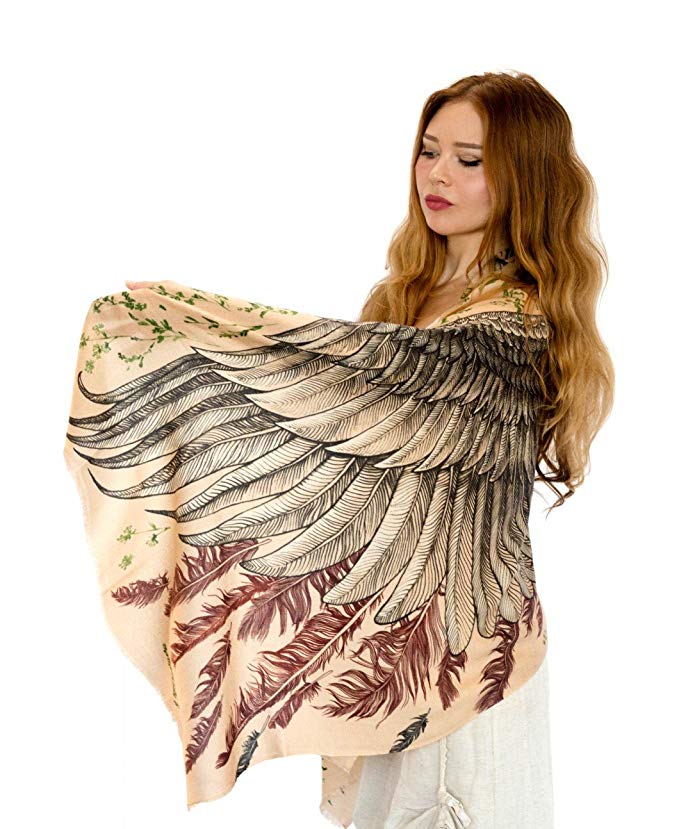 Silk & Cashmere Feather Bird Wings Bohemian Earthly Summer Shawl Scarf