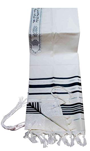 100% Wool Tallit Prayer Shawl in Black and Silver Stripes Size 55