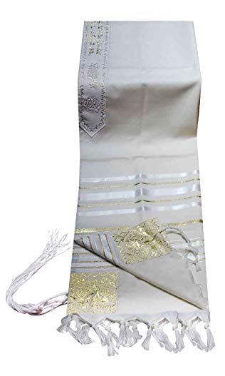 100% Wool Tallit Prayer Shawl in White and Gold Stripes Size 47