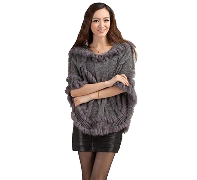 Easting Women's Large Real Genuine Real Rabbit Fur Hooded Cape Shawl Stole Jacket Poncho
