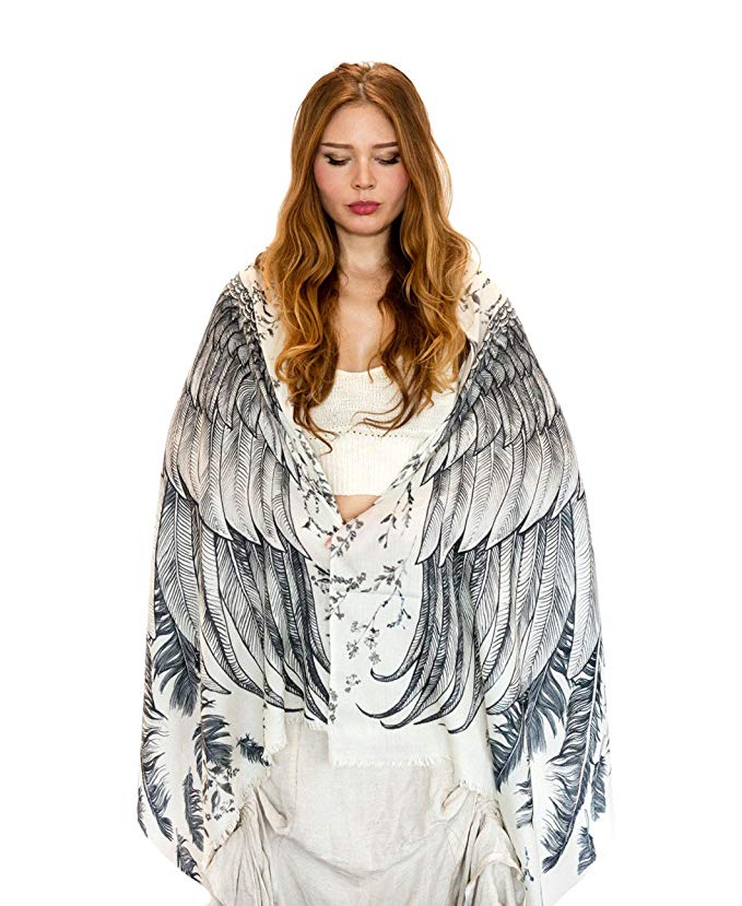 White Wings Bird Feather Pure Cotton Hand Painted Tribal Shawl Wings Scarf