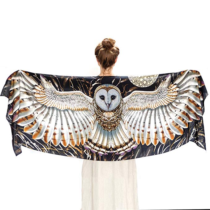 Silk & Cashmere Hand Painted & Digitally Printed Barn Owl Bird Wings Scarf Shawl Wrap