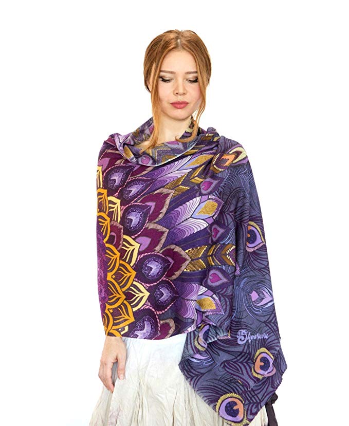 Purple Peacock Summer Scarf, Shawl. Artistic Hand Painted & printed Unique Gift