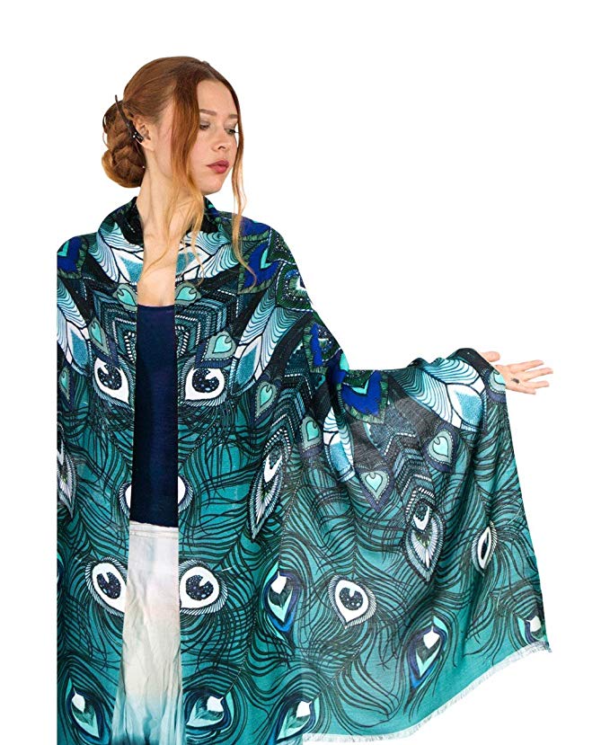 Aqua Peacock Scarf, 100% Cotton hand painted Blue Winged Feather, Wedding Shawl
