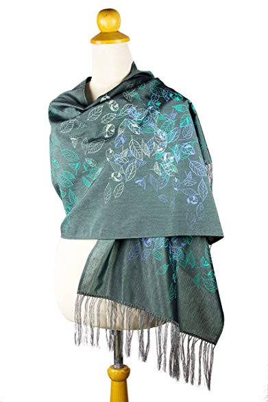 NOVICA Green Silk and Cotton Shawl, 'Emerald Foliage'