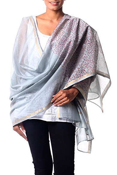 NOVICA White Grey and Pink Cotton and Silk Blend Shawl, 'Fortune's Elegance'