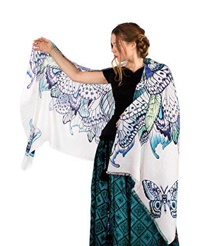 Silk and Cashmere Designer Wearable Art Scarf - Blue Butterfly Wings Shawl.