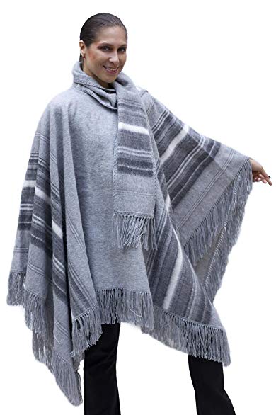 Ethnic Natural Alpaca Wool Poncho Cape Cloak with matching Scarf Silver Gray One Sz