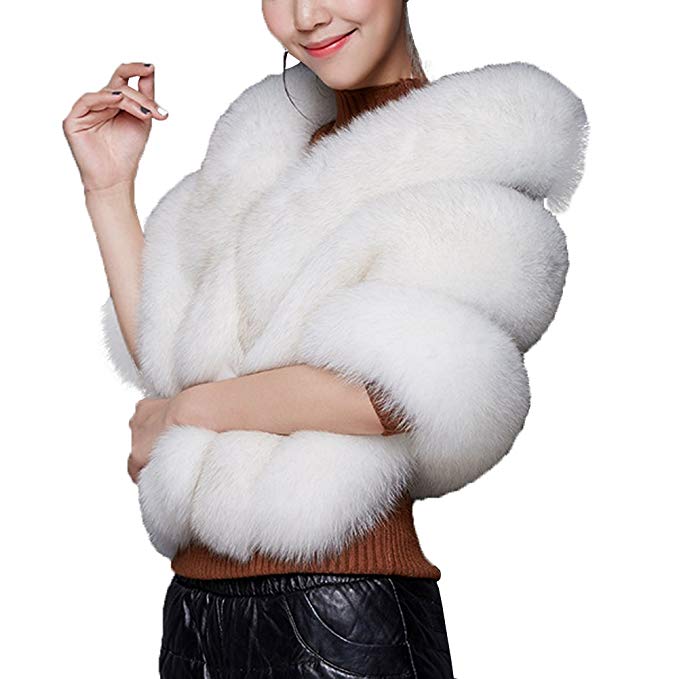 Caracilia Women Luxury Faux Fur Coat Jackets Wrap Cape Shawl for Wedding Party
