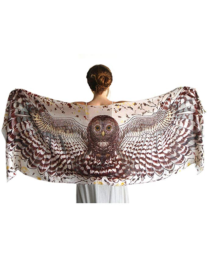 Day Owl Wings Scarf - Hand Painted Wide Spread Owl Wings. 100% Pure Cotton