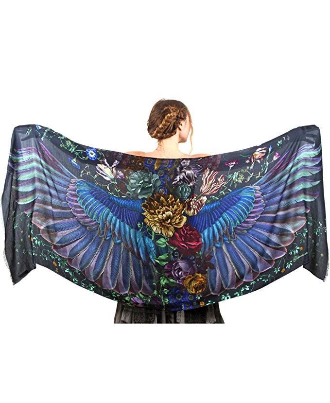 Silk & Cashmere Hand Painted Onyx Dark Bird Wings Designer Shawl Scarf Wrap