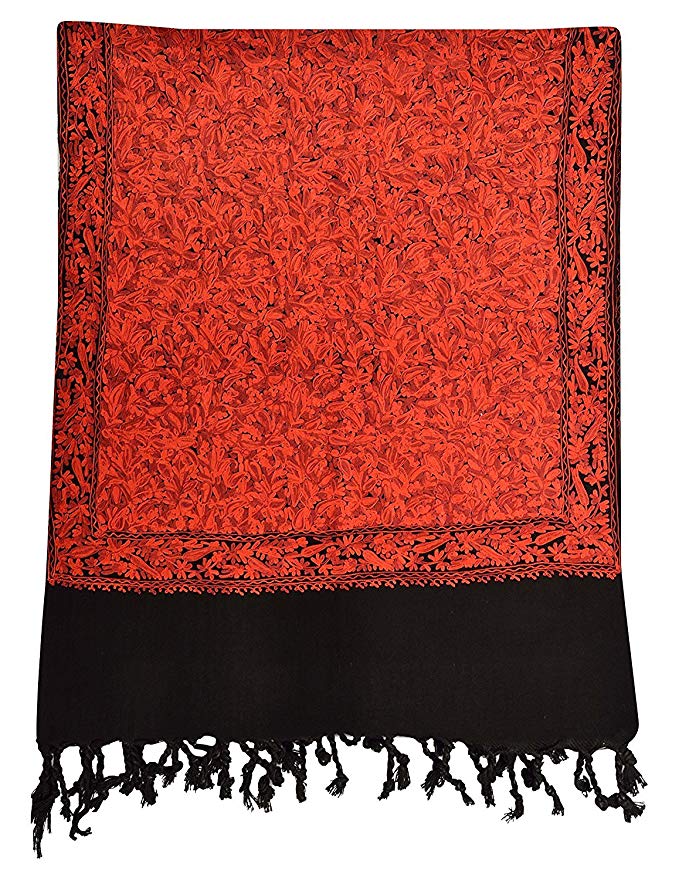 Kashmiri Women's Embroidered Woolen Shawl/Stole Wrap (Black and Red, 28 inch x 80 inch) Made in India