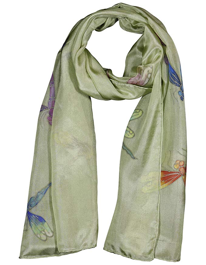 Invisible World Women's 100% Mulberry Silk Scarf Long Hand Painted Dragonfly