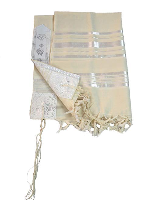 Jewish White/White/Silver Tallit/Tallis Wool Prayer Shawl 51