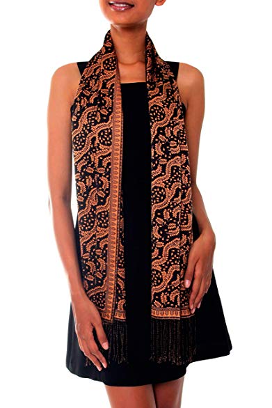 NOVICA 100% Silk Brown and Black Batik Printed Scarf 'Tamarind Leaves'